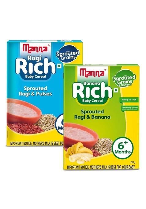 Manna Baby Cereal, No Added Sugar, Bis, Fssai Approved Cereal Based Complimentary Food, 6+ Months. Sprouted Ragi & Pulses, Banana 200G (Pack Of 2)