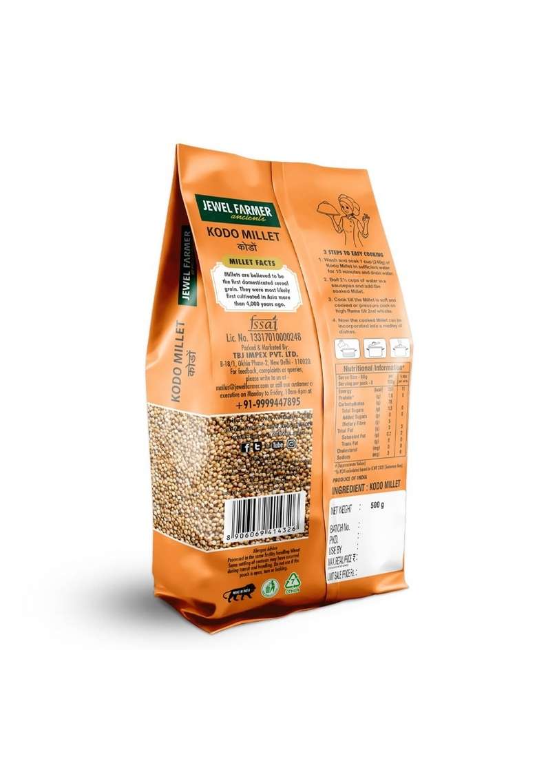 Jewel Farmer Whole Grain Unpolished Dust Free Kodo Millets 500Gm For Breakfast With High Fiber & Protein - Indya