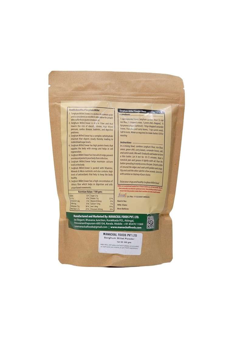 Manackal Foods Sorghum Millet (Jowar | Manicholam) Powder Natural & Pure Gluten-Free Atta Alternative 500G - Indya