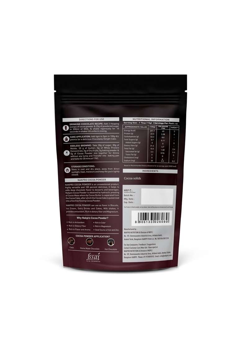 Nakpro 100% Pure & Natural Unsweetened Plant Based Cocoa Powder, 150G | 22.5G Protein Ideal For Cake, Baking, Hot Chocolate, Milkshakes More - Indya