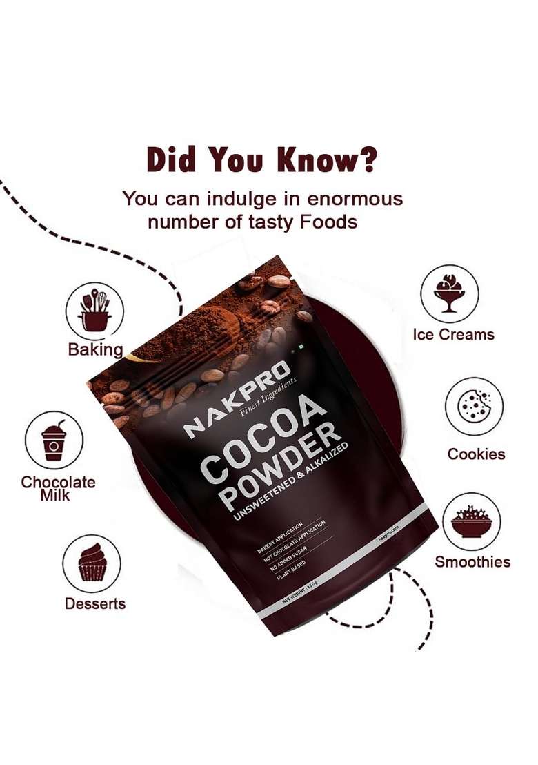 Nakpro 100% Pure & Natural Unsweetened Plant Based Cocoa Powder, 150G | 22.5G Protein Ideal For Cake, Baking, Hot Chocolate, Milkshakes More - Indya