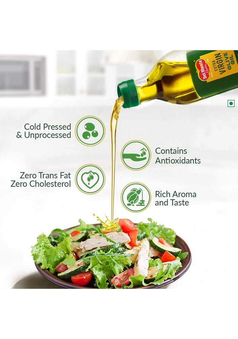 Del Monte Extra Virgin Olive Oil (Imported) | Cold Extracted From A1 Grade Olives Pure & Unrefined Ideal For Salad Dressing, Paratha Marinating Cholesterol Trans Fat-Free, Natural Antioxidants, Rich In Vitamin E K 250Ml Pet Bottle.