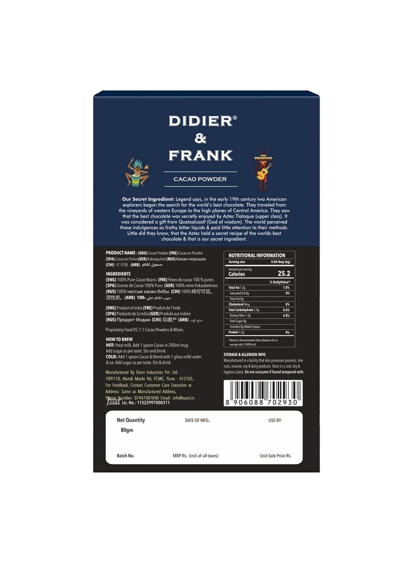 Didier & Frank Pure Cacao Powder 80G- Unsweetened Dark Cocoa For Baking, Keto Desserts, Healthy Smoothies, Brownies, Hot Chocolate Cakes