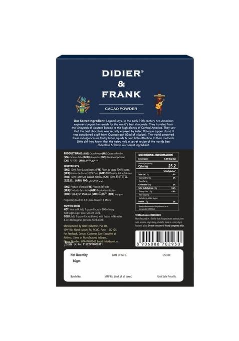 Didier & Frank Pure Cacao Powder 80G- Unsweetened Dark Cocoa For Baking, Keto Desserts, Healthy Smoothies, Brownies, Hot Chocolate Cakes