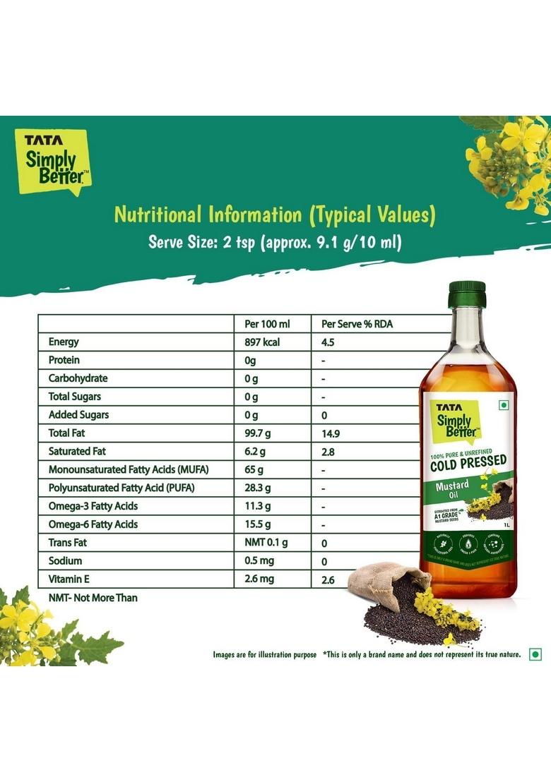 Tata Simply Better Pure & Unrefined Cold Pressed Mustard Oil,Naturally Cholesterol Free, 1L, Rich Aroma Flavour Of Real Seeds, A1 Grade Seeds