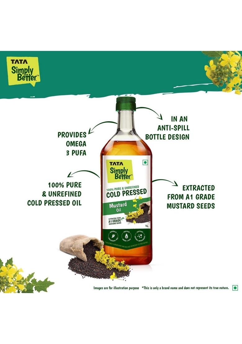 Tata Simply Better Pure & Unrefined Cold Pressed Mustard Oil,Naturally Cholesterol Free, 1L, Rich Aroma Flavour Of Real Seeds, A1 Grade Seeds