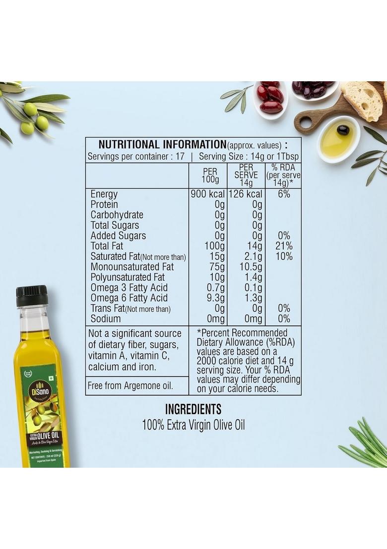 Disano Extra Virgin Olive Oil 250Ml, Cold Pressed, First Extraction, Ideal For Sauteing, Grilling & Dressing