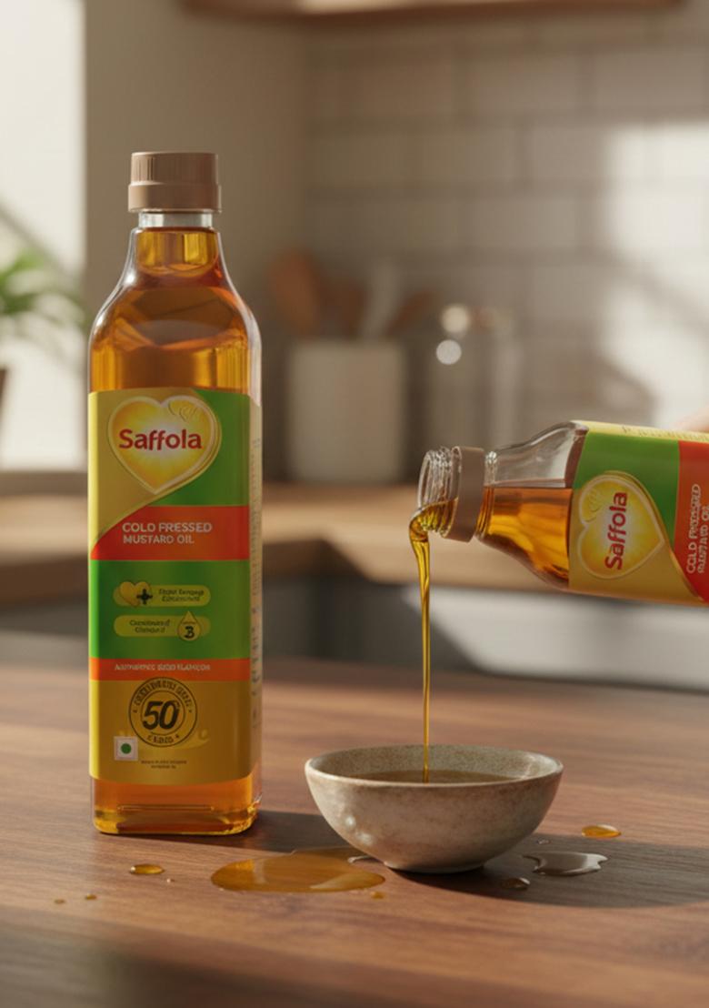 Saffola Cold Pressed Mustard Oil | 100% Seed Helps Manage Cholesterol, Goodness Of Omega 3 With Authentic Flavour 1L Pet Bottle