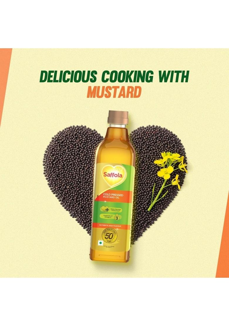 Saffola Cold Pressed Mustard Oil | 100% Seed Helps Manage Cholesterol, Goodness Of Omega 3 With Authentic Flavour 1L Pet Bottle