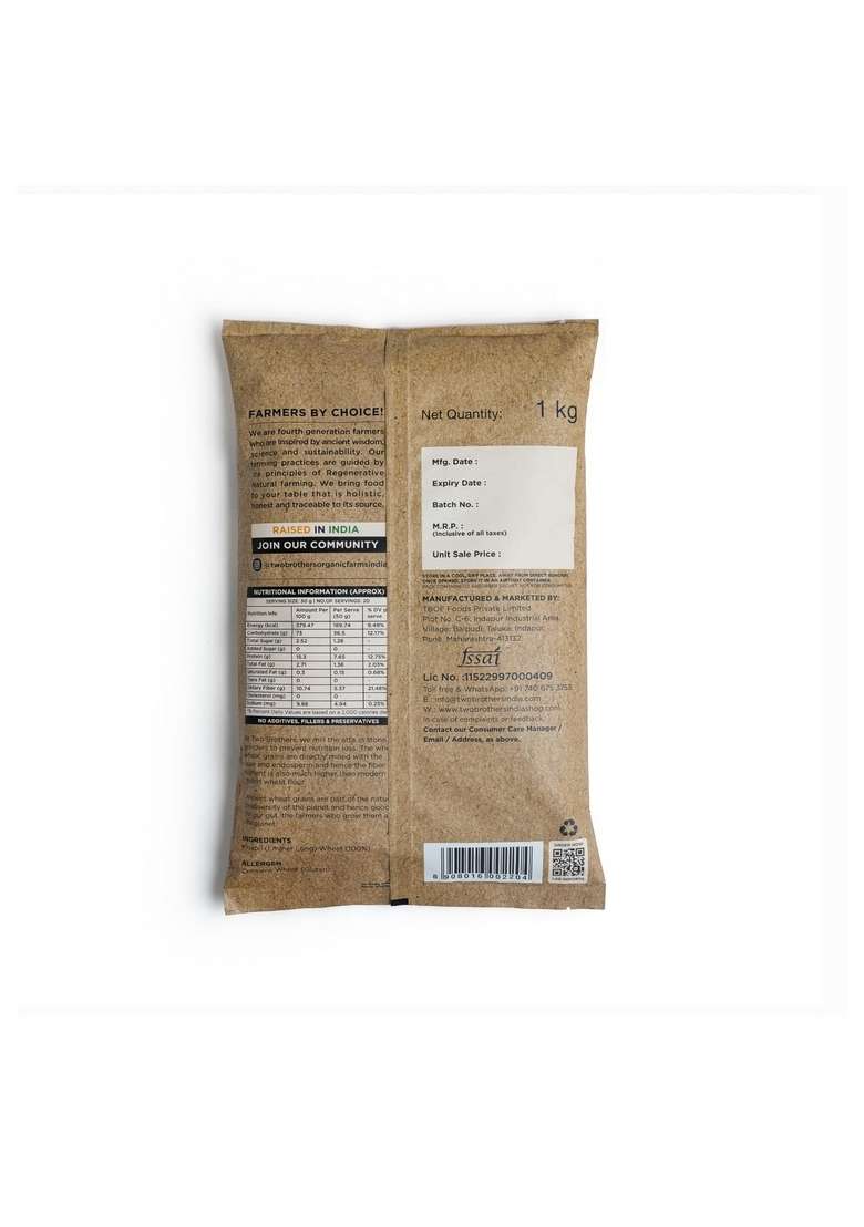 Two Brothers Organic Farms - Khapli Wheat Flour (1 Kg) | High Dietary Fiber For Easy Digestion Stoneground Emmer Atta - Indya
