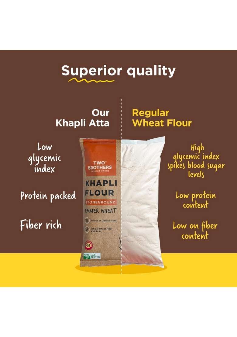 Two Brothers Organic Farms - Khapli Wheat Flour (1 Kg) | High Dietary Fiber For Easy Digestion Stoneground Emmer Atta - Indya