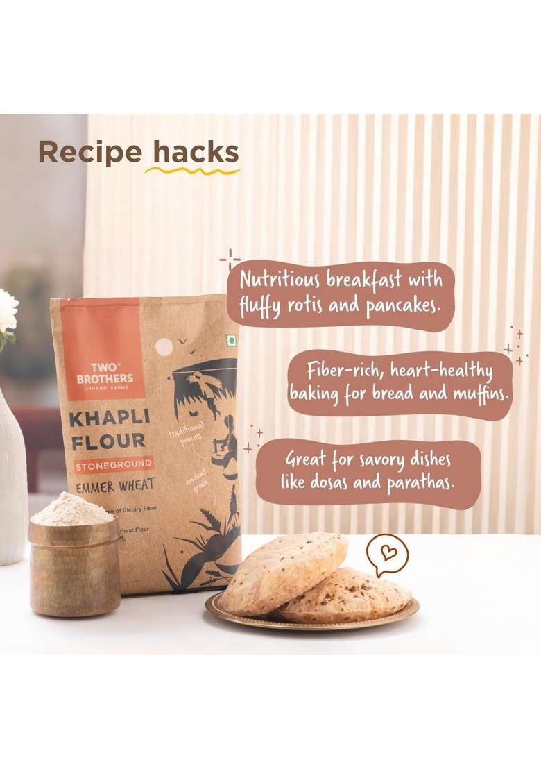 Two Brothers Organic Farms - Khapli Wheat Flour (1 Kg) | High Dietary Fiber For Easy Digestion Stoneground Emmer Atta - Indya