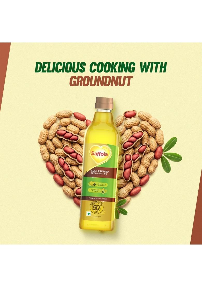 Saffola Cold Pressed Groundnut Oil | 100% Helps Lower Cholesterol, Goodness Of Omega 6 & Authentic Seed Flavour 1L Pet Bottle