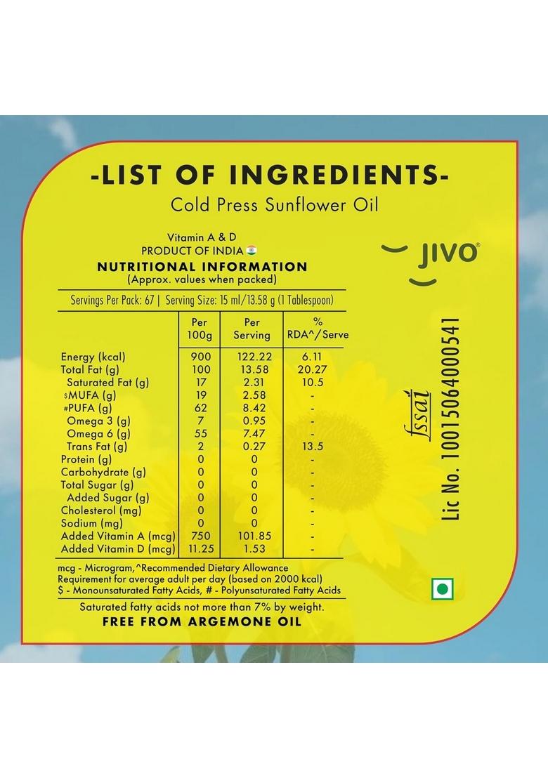 Jivo Cold Pressed Unrefined Sunflower Oil