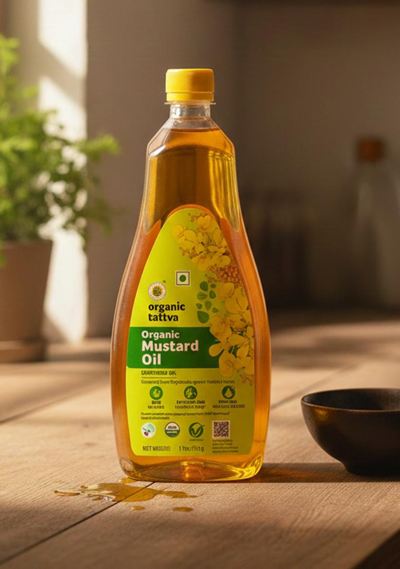 Organic Tattva Mustard Oil 1 Litre For Skin And Hair Care, Cold-Pressed, Body Massage, Therapeutic-Grade, Natural From Seeds, Unrefined
