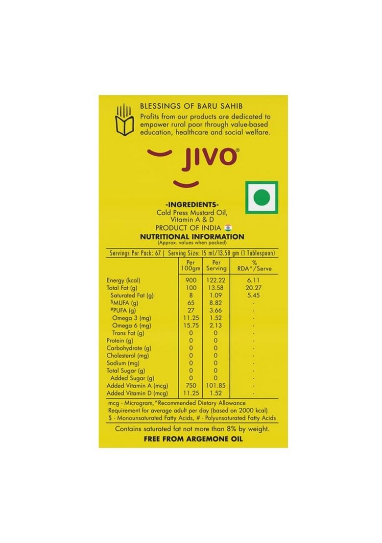 Jivo Cold Pressed Kachi Ghani Chemical Free Mustard Daily Cooking Oil, 1 Litre | Recommended For Roasting, Frying, Baking All Type Of Cuisines
