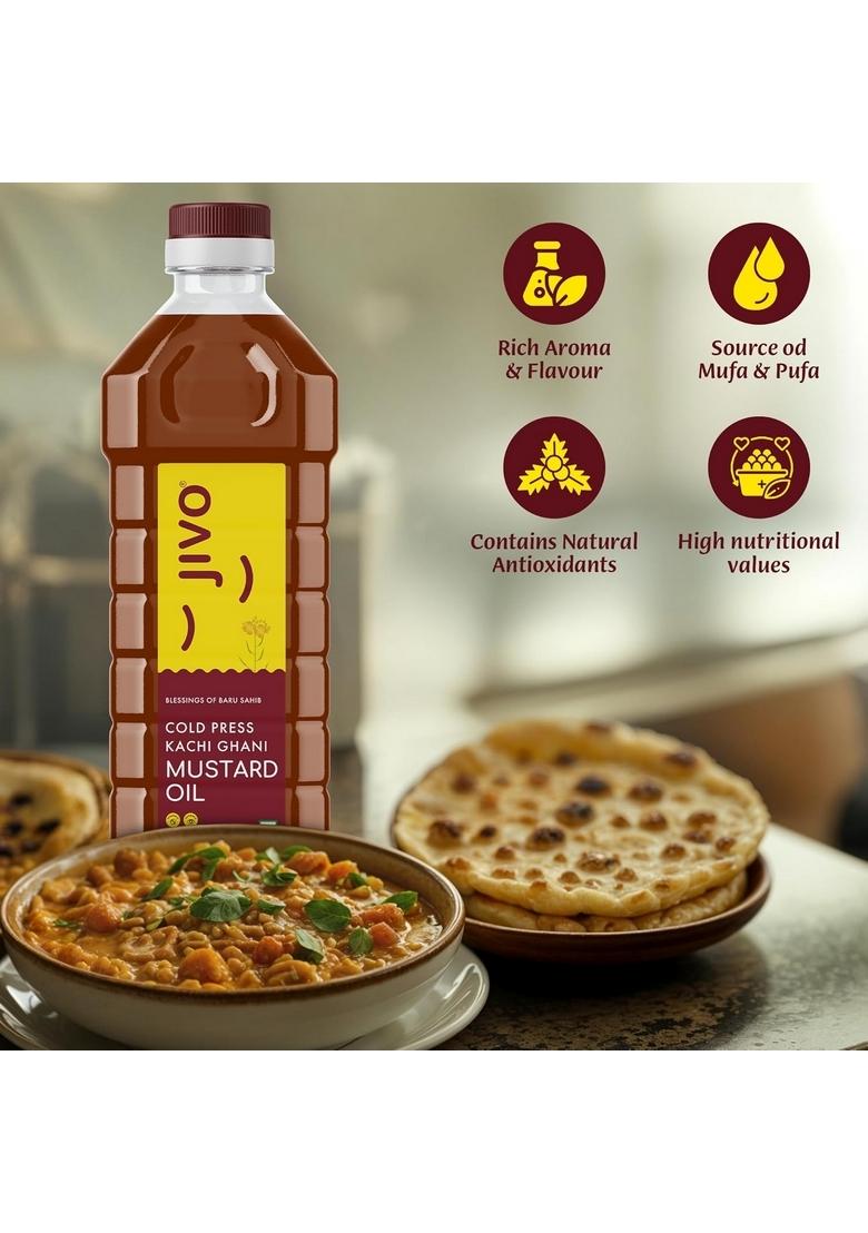 Jivo Cold Pressed Kachi Ghani Chemical Free Mustard Daily Cooking Oil, 1 Litre | Recommended For Roasting, Frying, Baking All Type Of Cuisines