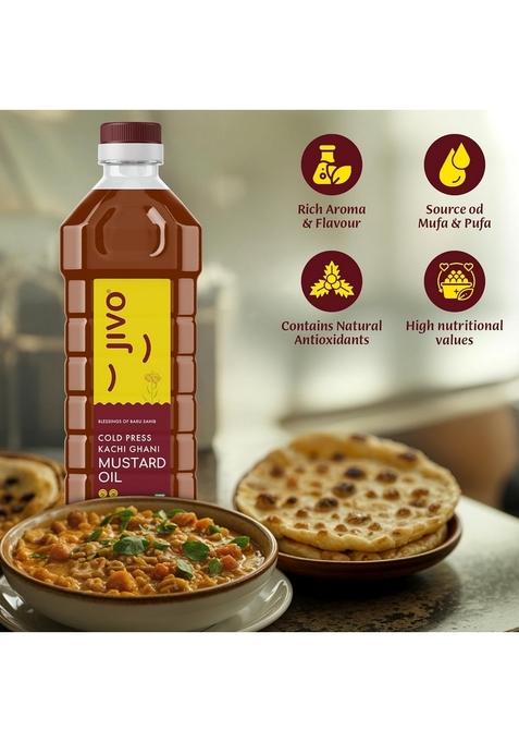 Jivo Cold Pressed Kachi Ghani Chemical Free Mustard Daily Cooking Oil, 1 Litre | Recommended For Roasting, Frying, Baking All Type Of Cuisines