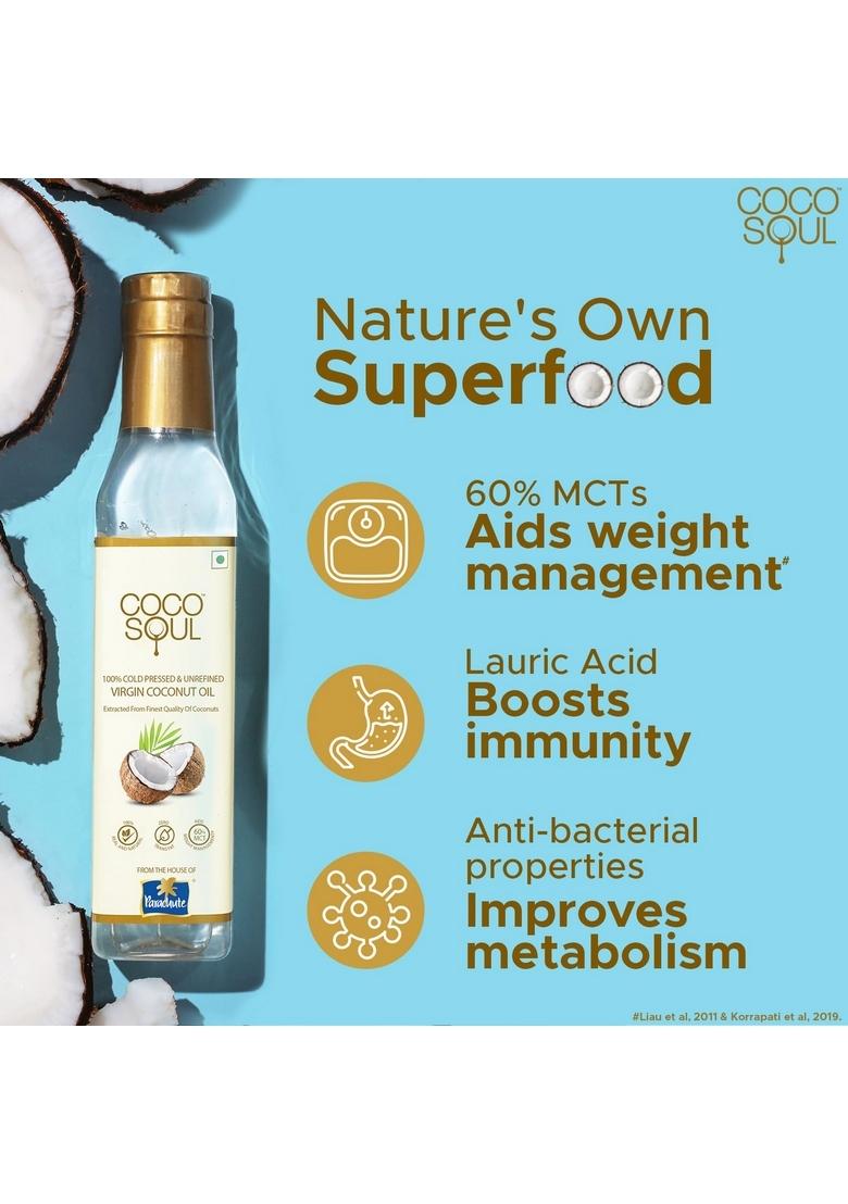 Coco Soul Cold Pressed Unrefined Virgin Coconut Oil | 60% Mct Multipurpose Usage Daily Cooking| Keto Friendly Naturally Cholesterol Free A1 Grade Real From Makers Of Parachute 250 Ml