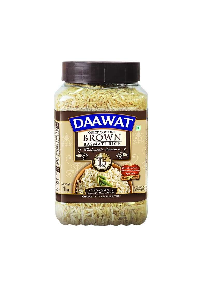 Daawat Brown, Cooks In 15-Minute, Full Bran Intact, Fibre-Rich Basmati Rice Jar, 1 Kg - Indya