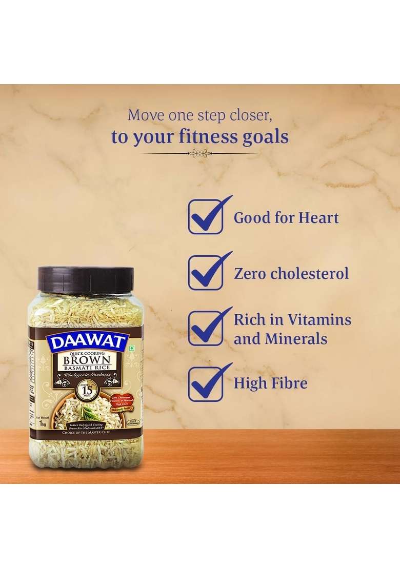 Daawat Brown, Cooks In 15-Minute, Full Bran Intact, Fibre-Rich Basmati Rice Jar, 1 Kg - Indya