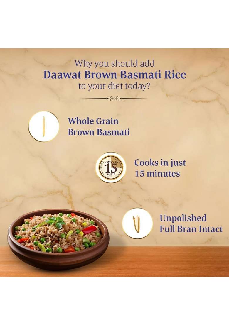 Daawat Brown, Cooks In 15-Minute, Full Bran Intact, Fibre-Rich Basmati Rice Jar, 1 Kg - Indya