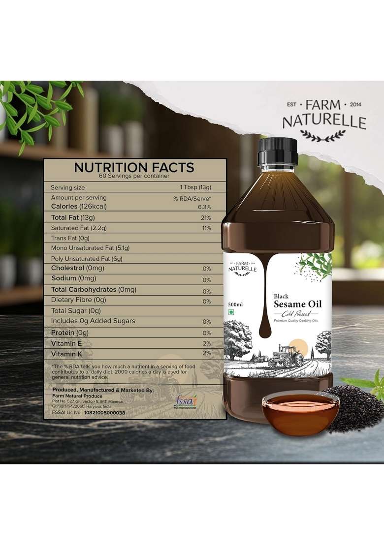 Farm Naturelle 100% Pure & Unrefined Cold Pressed Black Sesame (Gingelly) Oil – 500Ml | Kolhu/Kacchi Ghani/Chekku Natural Daily Cooking Chemical-Free Rich Aroma Flavour - Indya