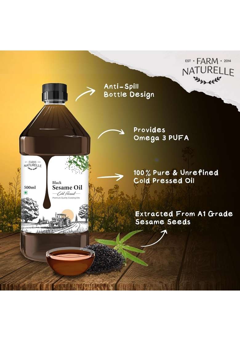 Farm Naturelle 100% Pure & Unrefined Cold Pressed Black Sesame (Gingelly) Oil – 500Ml | Kolhu/Kacchi Ghani/Chekku Natural Daily Cooking Chemical-Free Rich Aroma Flavour - Indya