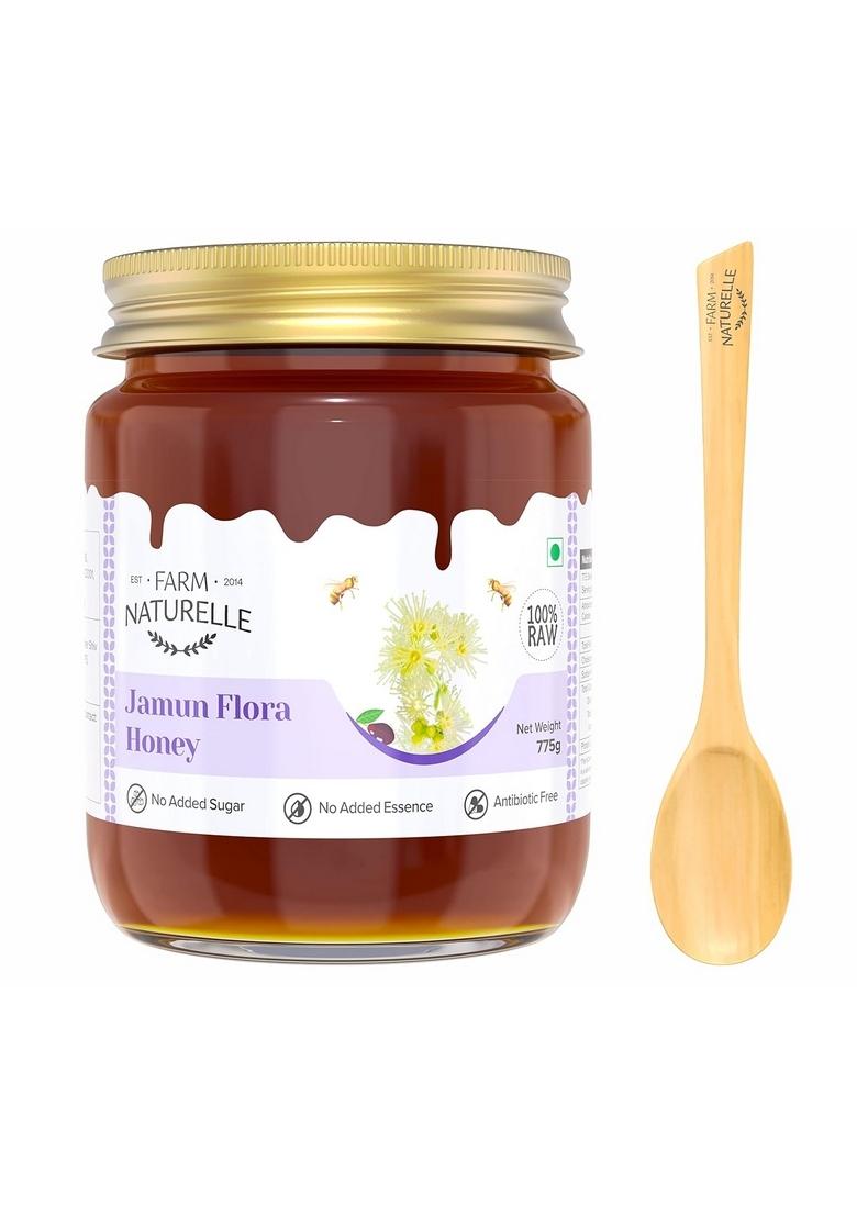 Farm Naturelle Honey : Jamun Flower Wild Forest | 100% Pure Honey, Raw Natural Un-Processed -Un-Heated |700G+75Gm Extra And A Wooden Spoon| Lab Tested In Glass Bottle.