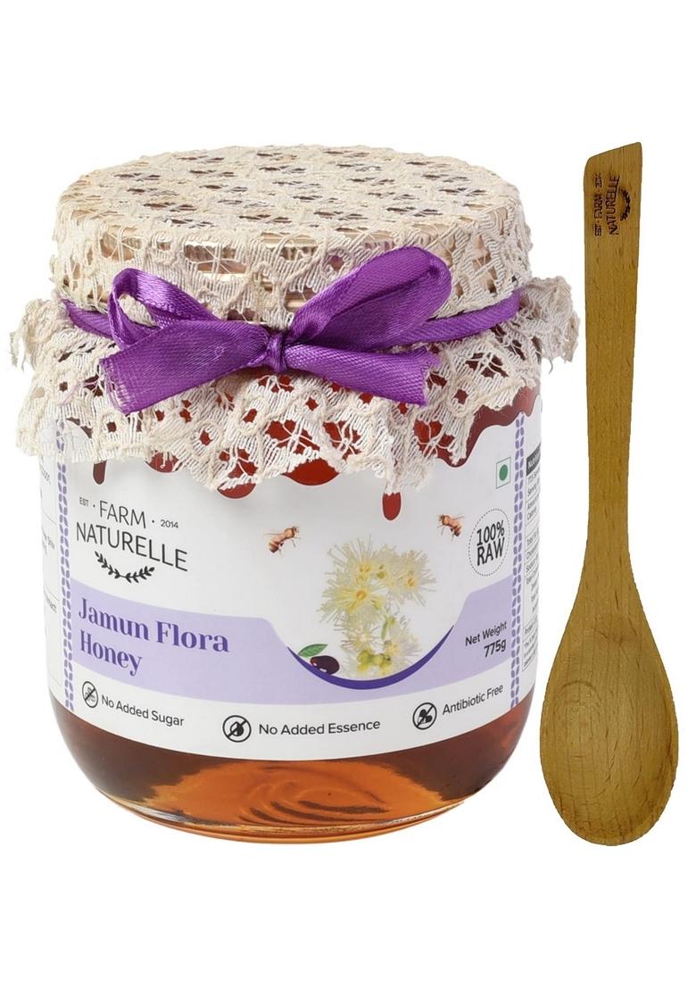 Farm Naturelle Honey : Jamun Flower Wild Forest | 100% Pure Honey, Raw Natural Un-Processed -Un-Heated |700G+75Gm Extra And A Wooden Spoon| Lab Tested In Glass Bottle.
