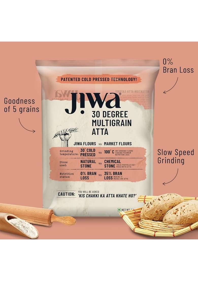 Jiwa Healthy By Nature 30 Degree Multigrain Flour / Atta| Patented Cold Pressed | Slow Ground Sweet Taste And Aroma Puffed Soft Rotis |1 Kg - Indya
