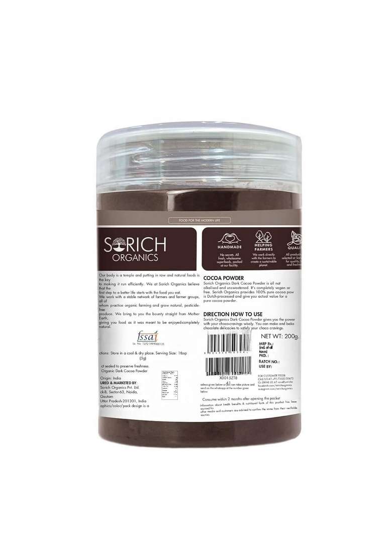 Sorich Organics All Natural Cocoa Powder 100% Pure Natural, Unsweetened 200 Gm | Best Ideal For Baking, Cooking, Desserts, And Hot Chocolate – No Additives, Preservatives, Or Sugar Vegan & Gluten-Free - Indya
