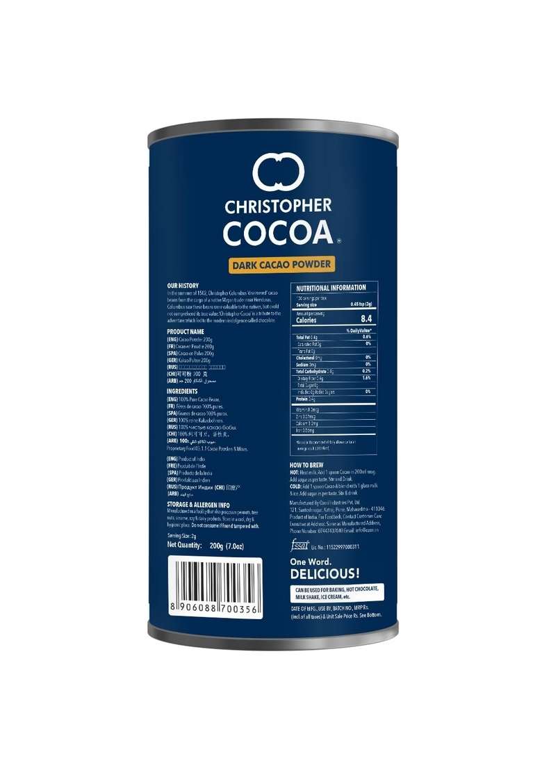 Christopher Cocoa Chocolate Dark Powder 200G- Unsweetened Pure Cocoa, No Sugarfor Baking, Keto Desserts, Healthy Smoothies, Brownies, Hot Chocolate, Cakes & Milkshakes - Indya