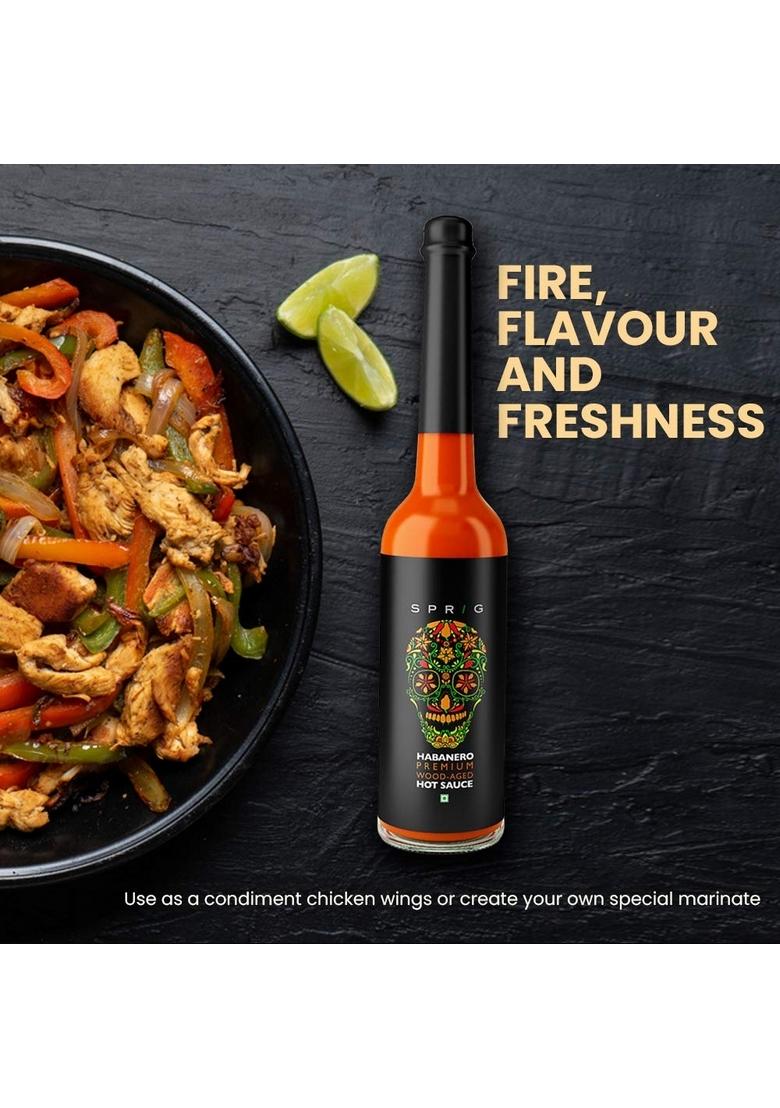 S P R I G Sprig Habanero Premium Wood-Aged Hot Sauce | Taste Of Chilies Use As Condiment, Marinade Or Dip No Preservatives Additives Vegan| For Veg And Non-Veg Cuisine With Pizza, Chicken Wings, Salads & Snacks 100Gms