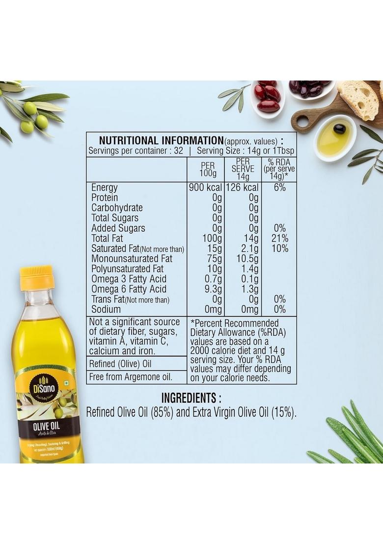Disano Pure Olive Oil 500Ml, Classic Ideal For Sauteing, Grilling And Cooking