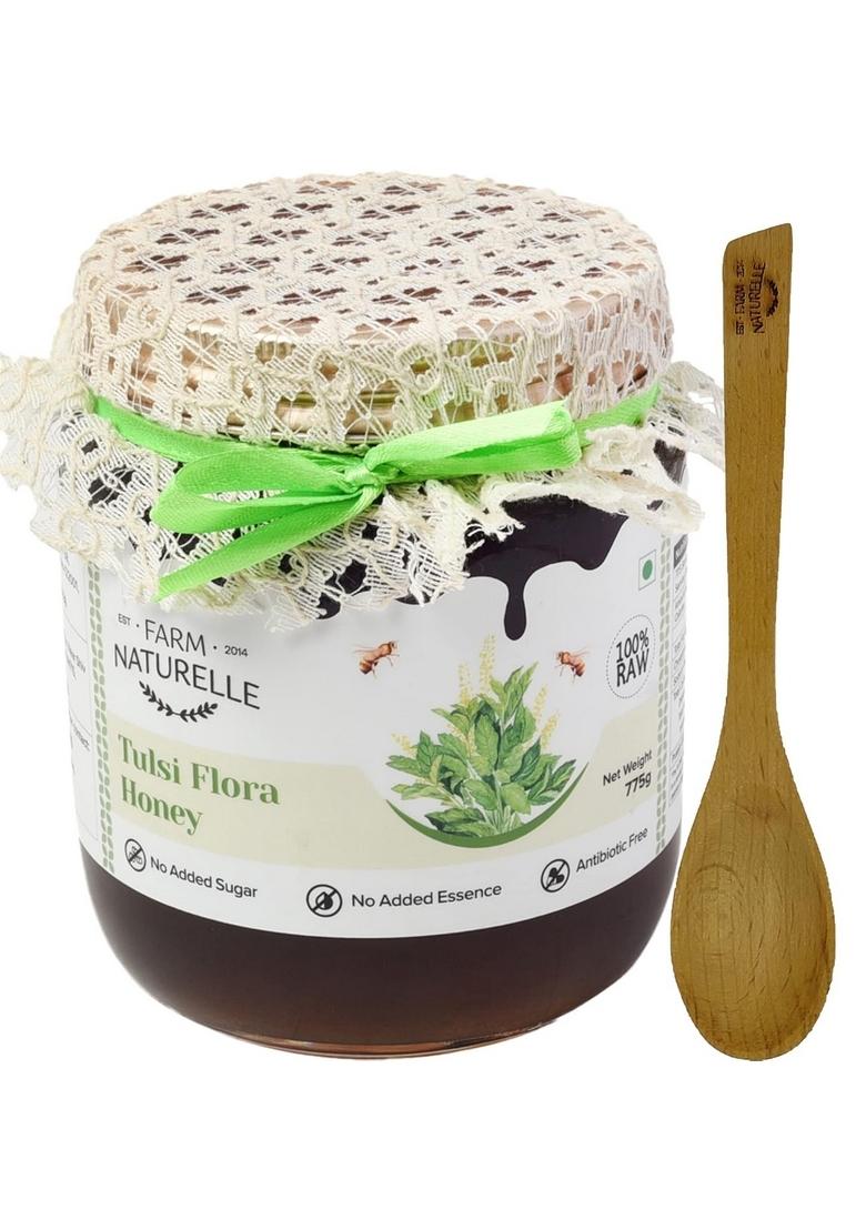 Farm Naturelle Tulsi Forest Flower Wild Honey 700Gm + 75G Extra|100% Pure | Raw & Unfiltered|Unprocessed|Lab Tested In Glass Jar With Engraved Virgin Wooden Spoon
