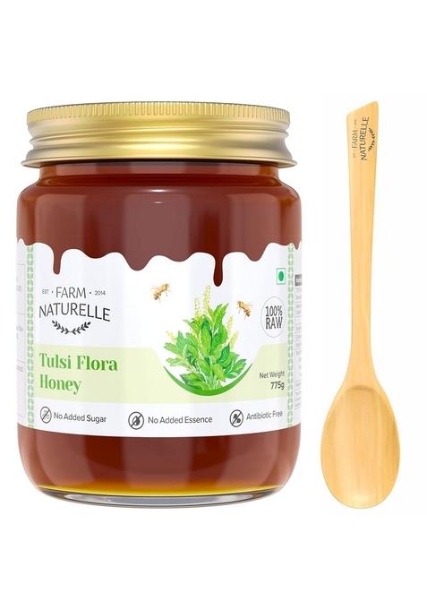 Farm Naturelle Tulsi Forest Flower Wild Honey 700Gm + 75G Extra|100% Pure | Raw & Unfiltered|Unprocessed|Lab Tested In Glass Jar With Engraved Virgin Wooden Spoon