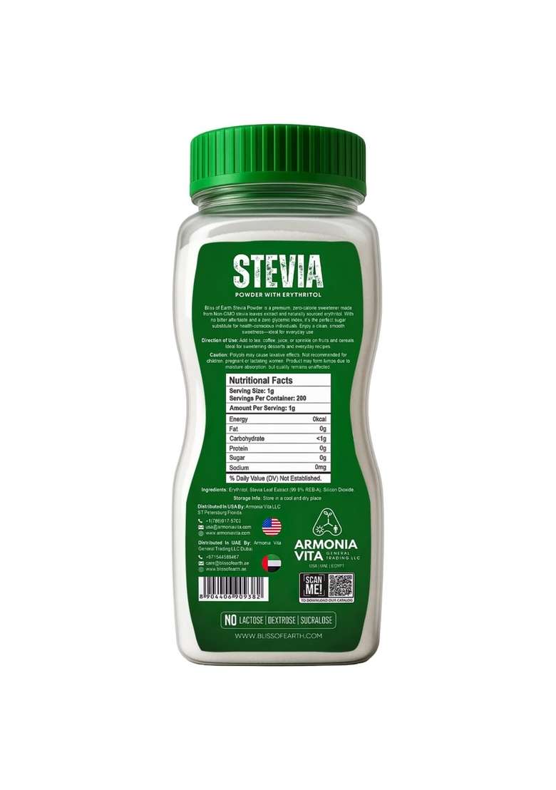 Bliss Of Earth Stevia Powder, Organic Sugar Free Zero Calorie Sweetener Diabetic And Keto Friendly 99.8% Purity Vegetarian Gluten Quick Dissolve 200G Jar - Indya