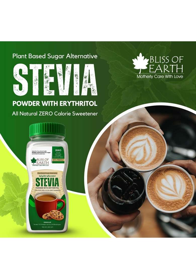 Bliss Of Earth Stevia Powder, Organic Sugar Free Zero Calorie Sweetener Diabetic And Keto Friendly 99.8% Purity Vegetarian Gluten Quick Dissolve 200G Jar - Indya