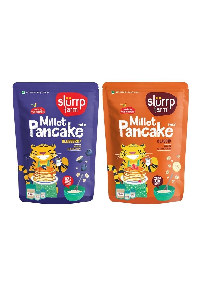 Slurrp Farm No Maida Pancake Mix | Instant Breakfast Made With Oats And Jowar 100% Vegetarian Eggless Healthy For Kids & Adults Blueberry Classic Combo- 150G X 2
