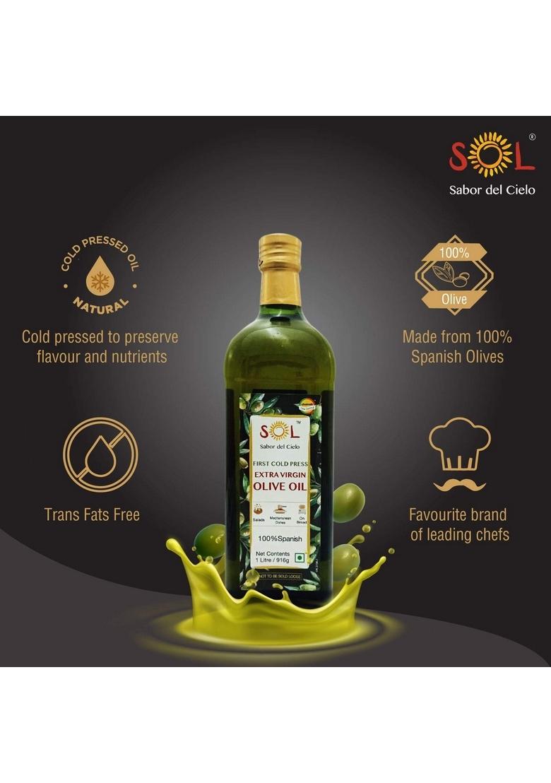 Sol Spanish Extra Virgin Olive Oil | 1L First Cold Pressed Rich Taste And Aroma Perfect For Drizzling Glass Bottle