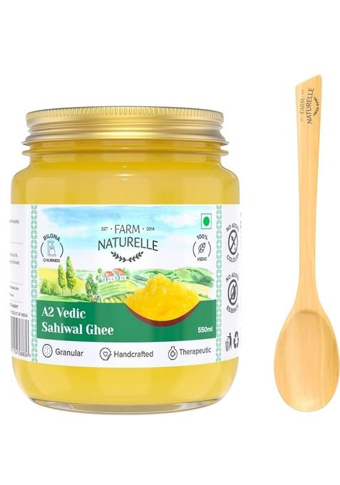 Farm Naturelle - 100% Pure A2 Sahiwal Cow Ghee 500Ml (Glass Bottle) | Traditional Vedic Bilona Method Churned Grassfed Natural And Fresh Cultured Lactose Gluten Free Immunity Booster
