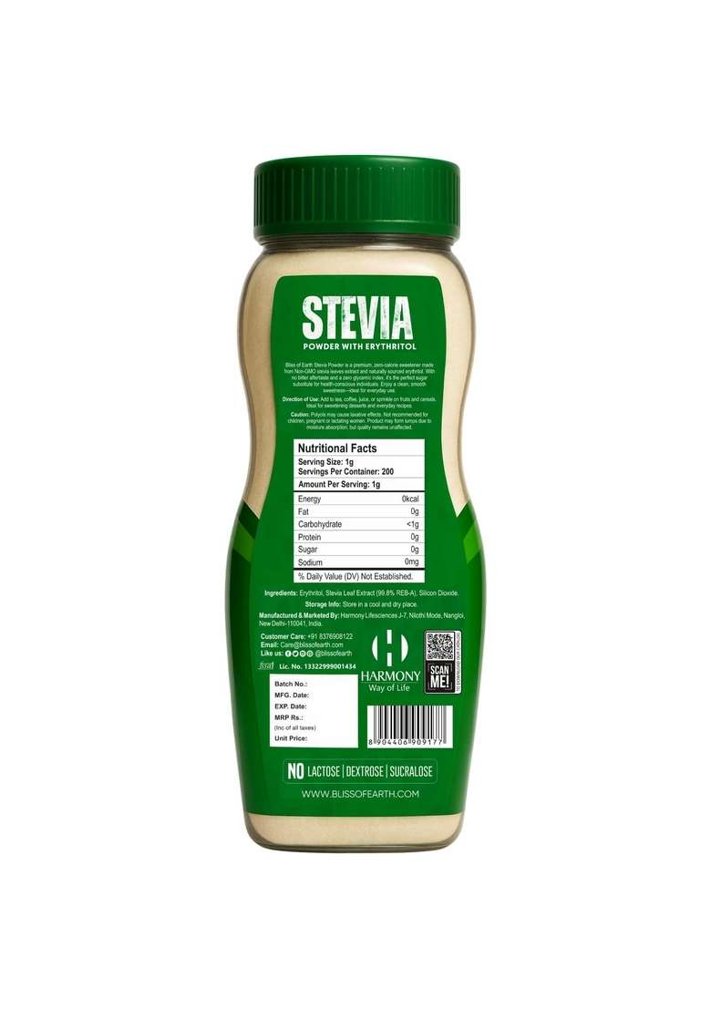 Bliss Of Earth Stevia Powder, Organic Sugar Free Zero Calorie Sweetener Diabetic And Keto Friendly 99.8% Purity Vegetarian Gluten Quick Dissolve (200 Gm (Pack 3)) - Indya
