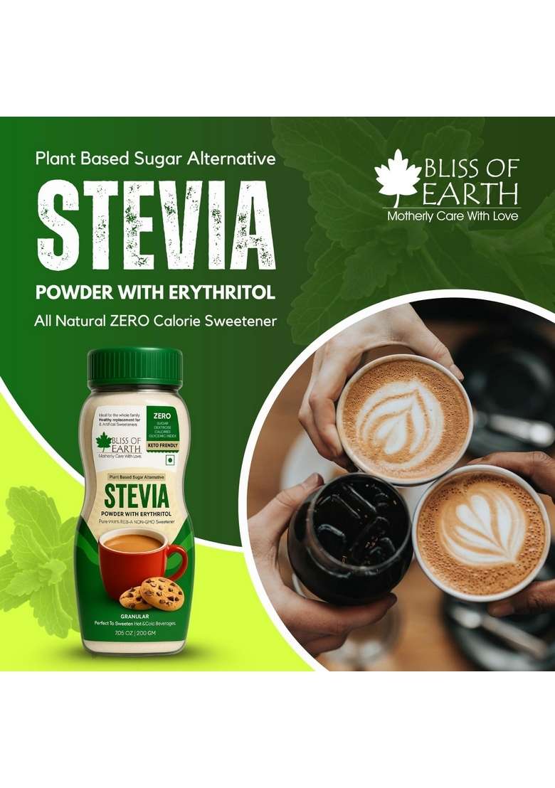 Bliss Of Earth Stevia Powder, Organic Sugar Free Zero Calorie Sweetener Diabetic And Keto Friendly 99.8% Purity Vegetarian Gluten Quick Dissolve (200 Gm (Pack 3)) - Indya
