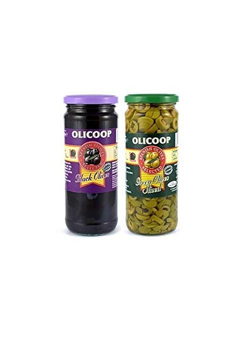 Olicoop Black Slice Olives + Green Olives, 450G, Pack Of 1 Unit Each, For Authentic Taste In Cooking, Snacking, Pizzas Toppings Or Italian Pastas Ingredient