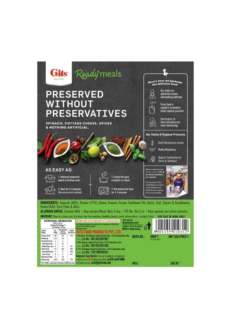 Gits Ready To Eat Palak Paneer, Pure Veg, Heat And Indian Dish, Microwaveable, 855G (Pack Of 3 X 285G Each)