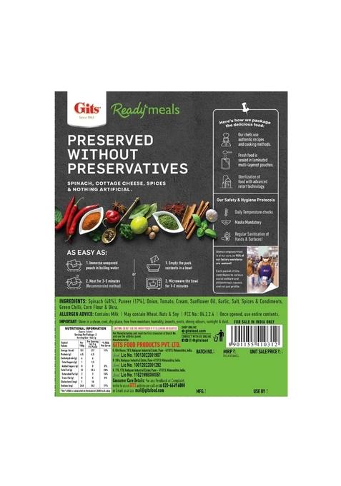 Gits Ready To Eat Palak Paneer, Pure Veg, Heat And Indian Dish, Microwaveable, 855G (Pack Of 3 X 285G Each)