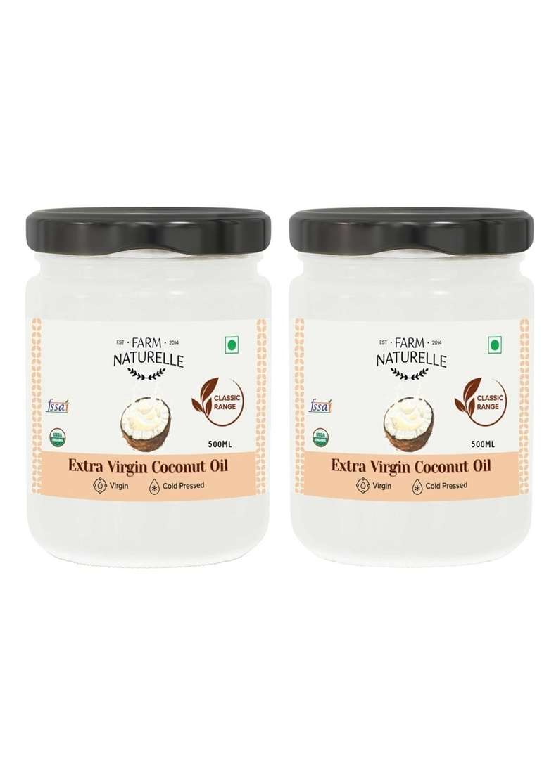 Farm Naturelle - 100% Pure Cold Pressed Extra Virgin Coconut Oil 500Ml (Pack Of 2) | Glass Bottle| Edible Grade For Cooking, Hair & Skin Unrefined Preservative-Free Natural Aroma Vegan - Indya