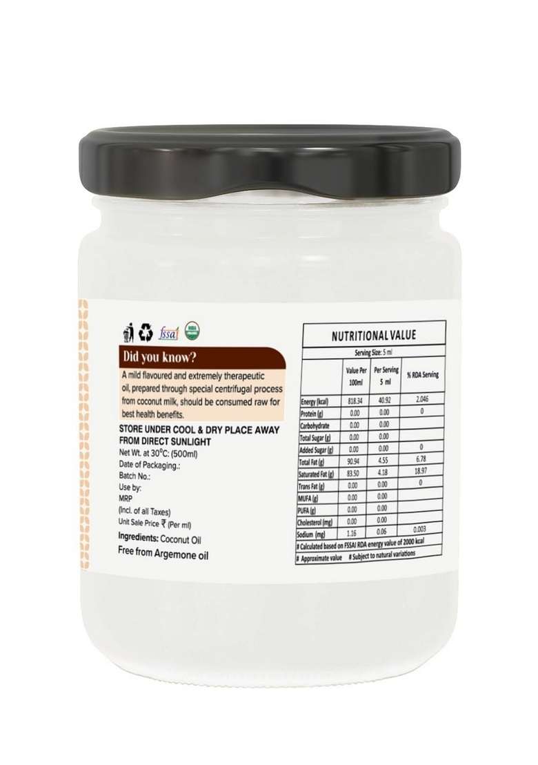 Farm Naturelle - 100% Pure Cold Pressed Extra Virgin Coconut Oil 500Ml (Pack Of 2) | Glass Bottle| Edible Grade For Cooking, Hair & Skin Unrefined Preservative-Free Natural Aroma Vegan - Indya