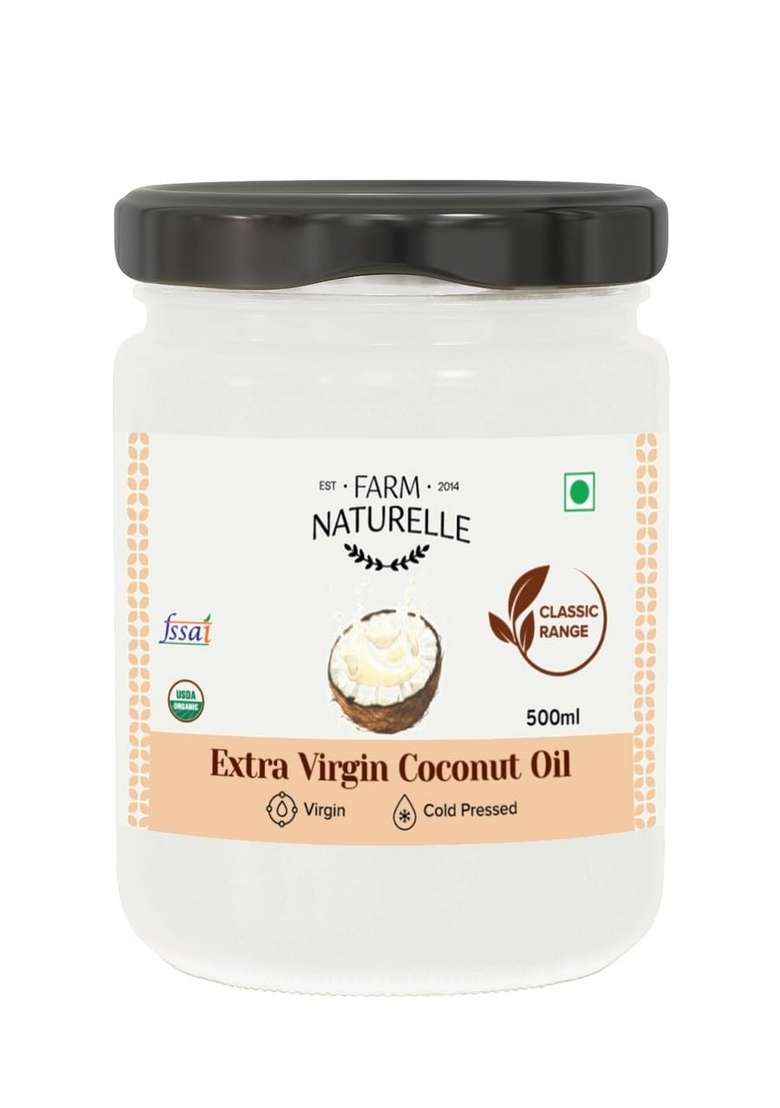 Farm Naturelle - 100% Pure Cold Pressed Extra Virgin Coconut Oil 500Ml (Pack Of 2) | Glass Bottle| Edible Grade For Cooking, Hair & Skin Unrefined Preservative-Free Natural Aroma Vegan - Indya